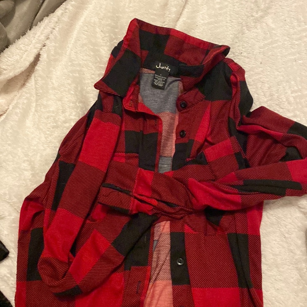 Two Plaid Button-up Juniors/Women’s Shirts (Red/Black Med, Black/White Lar)